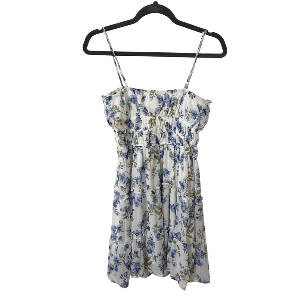 Altar'd State Blue White Floral Smocked Tiered Ruffle Mini Dress Small - Picture 2 of 4